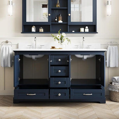 WELLFOR 60" Bathroom Vanity with Double Sinks, Bathroom Freestanding Vanity W/4 Soft-Close Doors and 6 Drawers, Large Storage Space Vanity, Bathroom Vanity with Cultured Marble Countertop (Navy Blue)