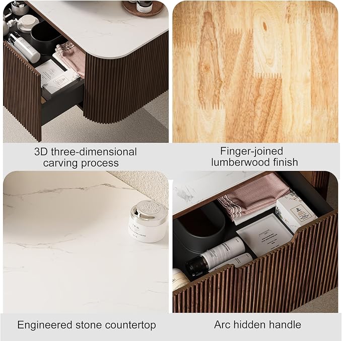 48" Floating Bathroom Vanity with Sink, Dark Walnut Plywood Base | Plywood Cabinet, Single Sink, Doubel Sink, Ceramic Basin & Marble Countertop, Pre-Assembled