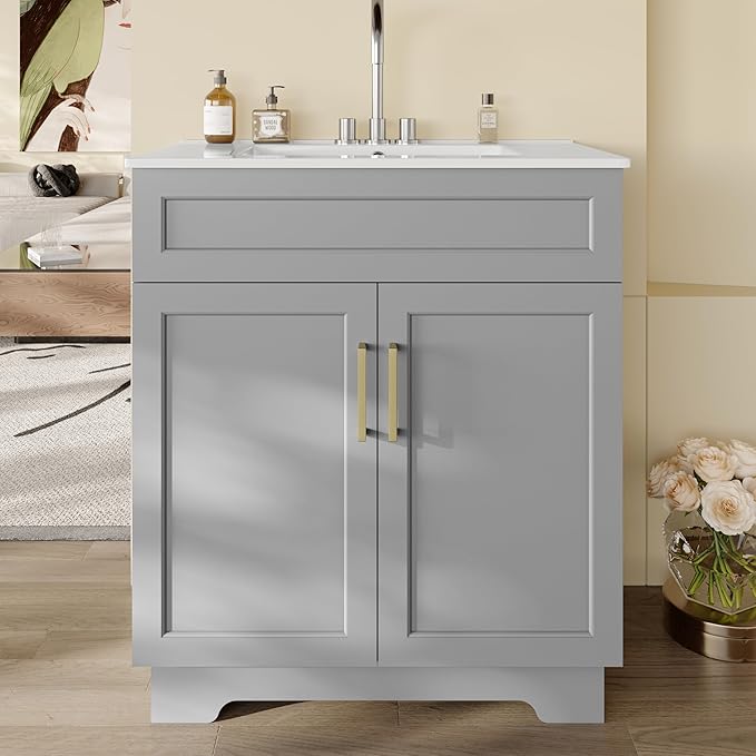 OLD CAPTAIN Bathroom Vanity with Ceramic Sink, 30" Freestanding Bathroom Quick Assembly Vanity Cabinet with Storage, Grey