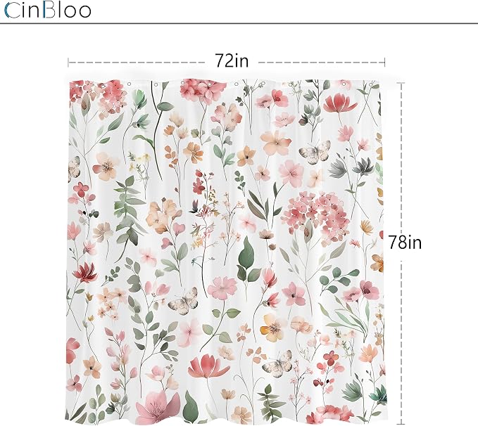 Pink Blush Coral Flower Floral Peach Watercolor Bathroom Shower Curtain Set | 72"W x 78"H Cute Wildflower; waterproof HD print, quick-dry fabric and plastic hooks for easy setup.
