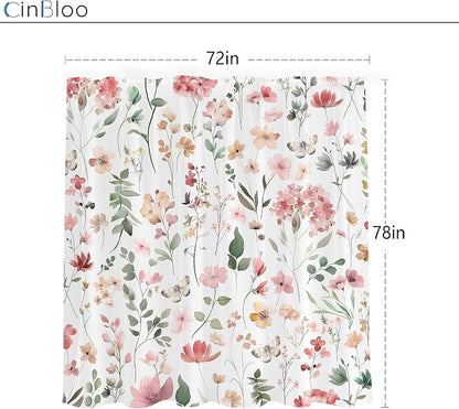 Pink Blush Coral Flower Floral Peach Watercolor Bathroom Shower Curtain Set | 72"W x 78"H Cute Wildflower; waterproof HD print, quick-dry fabric and plastic hooks for easy setup.