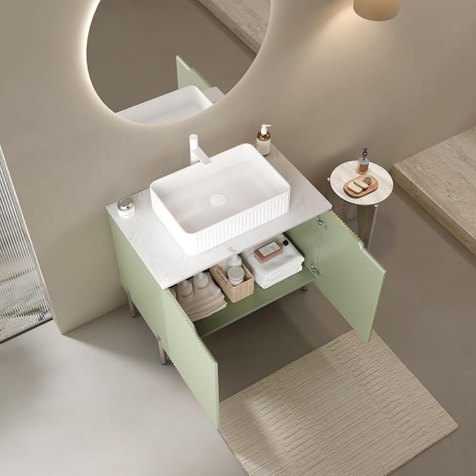 30" Transitional Light Green Bathroom Vanity with Sink, Bathroom Storage Cabinet with 2 Soft Close Doors, Drain Assembly and Pipe NOT Included
