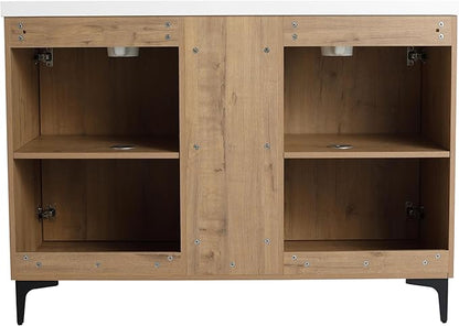 Pvillez 48 inch Double Sink Bathroom Vanity, Freestanding Double Bathroom Vanity with Resin Sink Basin Top, Modern Wood Bathroom Vanity Cabinet with 2 Soft Close Doors & 3 Open Storage Compartments