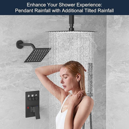 Shower Faucet Set Shower System, Push Button Diverter Shower Faucet | with 2 in 1 Handheld Shower Ceiling Mount 10 Inch Shower Head with 6 Inch Wall Mount Shower Head Double Matte Black