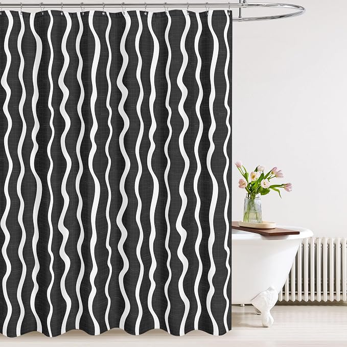 Tititex Cute Curvy Wavy Lines 140gsm Faux Linen Fabric Shower Curtain, Elegant Beige Black Wave Striped Shower Curtain Sets Decoration 72x72 Inch with Hooks