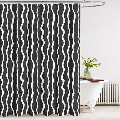 Tititex Cute Curvy Wavy Lines 140gsm Faux Linen Fabric Shower Curtain, Elegant Beige Black Wave Striped Shower Curtain Sets Decoration 72x72 Inch with Hooks