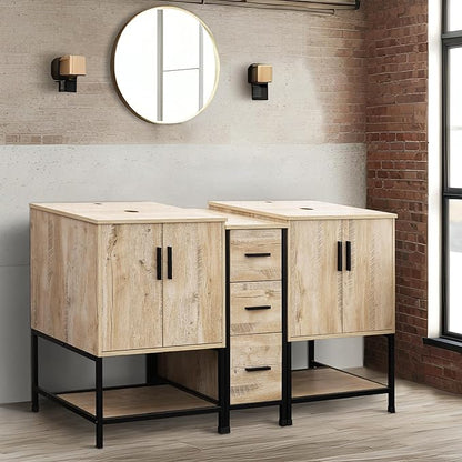 UEV Rustic Oak 60" Double Bathroom Vanity with Sink Combo,Industrial Iron Frame 2 Main Bathroom Vanity with Middle 3 Drawers Cabinet(Without Sink Combo)