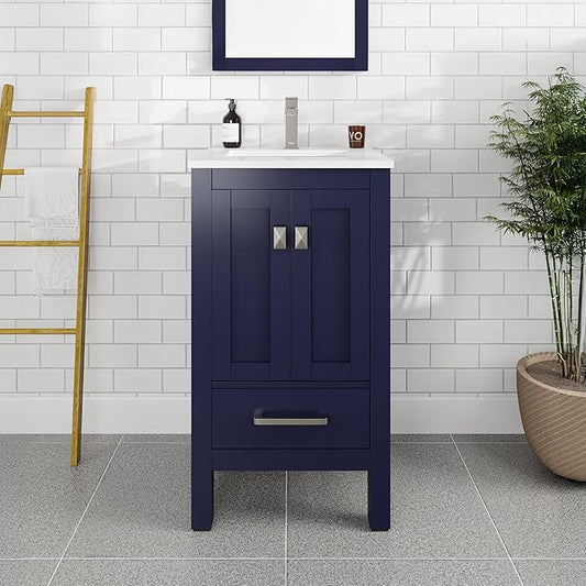Eviva London 20 in. Blue Single Sink Bath Vanity with Carrara Quartz Top and Undermount Porcelain Sink