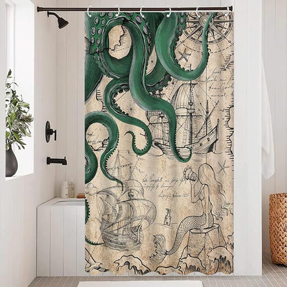 Fungarth Stall Vintage Green Nautical Octopus Shower Curtain Mermaid Funny Ocean Kraken Shower Curtains for Bathroom Cool Anchor Coastal Map Waterproof Fabric Bath Curtain Decor (Retro2, 36” x 72”)