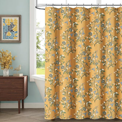 Mustard Yellow Cotton Floral Shower Curtain,Vintage Anthropologie Shower Curtains for Bathroom,72Wx84H