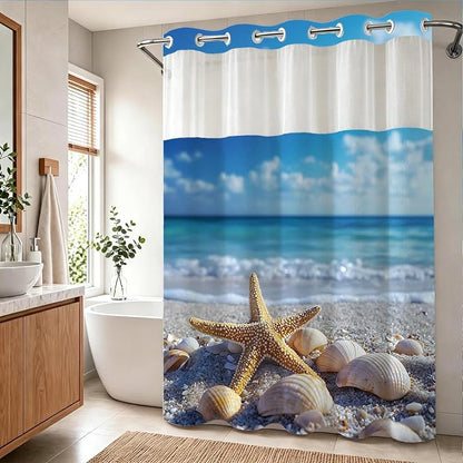Modern Ocean No Hook Shower Curtain Coastal Tropical Summer Kids Seashell | Nature No Hook Shower Curtain with Snap in Liner, Waterproof Ringless Shower Curtains for Bathroom 72x74 Inch Blue