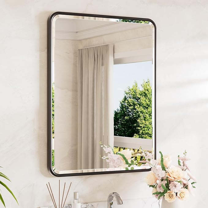 Black Mirror for Bathroom 22 x 30 Beveled Edge Tempered Glass, Rounded Corner Rectangle Bathroom Mirror for Over Sink for Modern Bathroom, Living Room, Bedroom, Entryway
