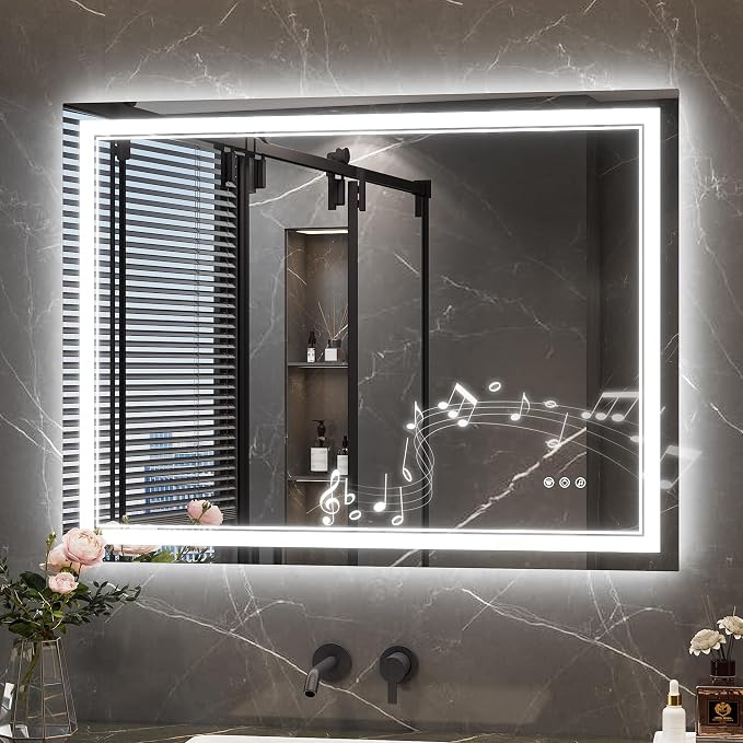 Keonjinn 40" x 30" LED Bathroom Mirror with Lights, Frontlit & Backlit | Bluetooth Speaker, Bluetooth Mirror Bathroom, HD Tempered Glass, 3000K/4500K/6000K, Dimmable, Fast & Safe Defogging, CRI90+