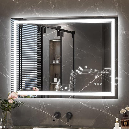 Keonjinn 40" x 30" LED Bathroom Mirror with Lights, Frontlit & Backlit | Bluetooth Speaker, Bluetooth Mirror Bathroom, HD Tempered Glass, 3000K/4500K/6000K, Dimmable, Fast & Safe Defogging, CRI90+