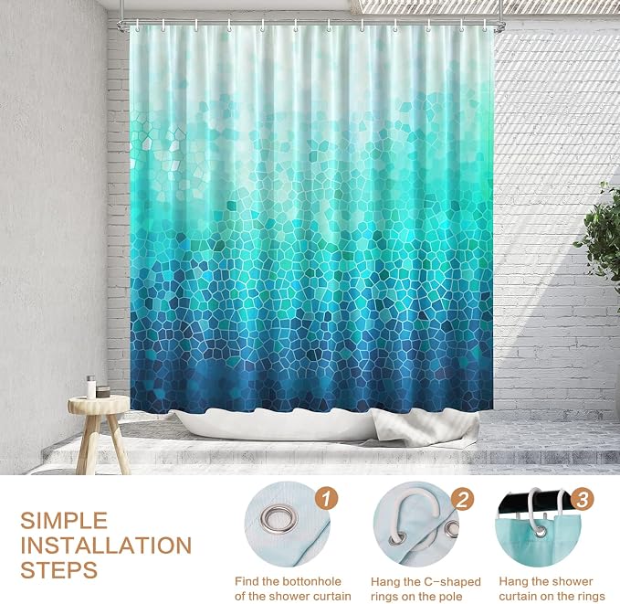 Ombre Blue Shower Curtain, Modern Geometric Shower Curtain for Bathroom with 12 Hooks Polyester Fabric Waterproof Shower Curtains Sets Machine Washable Decor Bath Curtain