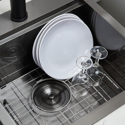 HOTIS 18 x 18 Inch Black Bar Sink Drop in Workstation Sink, Handmade Stainless Steel Wet Bar Sinks,Topmount RV Small Kitchen Sinks, Outdoor Single Bowl with Dish Grid & Drain & Cutting Board