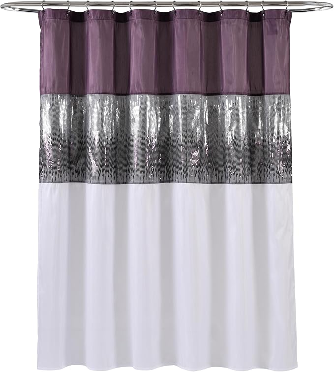 Lush Decor Night Sky Shower Curtain, Single, 72" W x 72" L, Purple & White - Sequin Shower Curtain - Sparkly Color Block Bath Curtain - Modern Glam Bathroom Decor