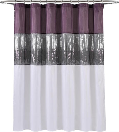 Lush Decor Night Sky Shower Curtain, Single, 72" W x 72" L, Purple & White - Sequin Shower Curtain - Sparkly Color Block Bath Curtain - Modern Glam Bathroom Decor