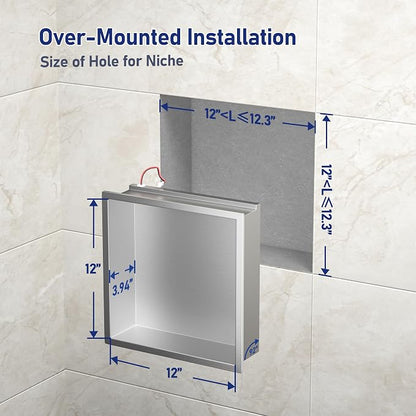 Stainless Steel LED Shower Niche 12" X 12" Brushed with RGB Light Waterproof Hardwired Dimmable No Tile Needed Recessed Wall Niche Shower for Bathroom Storage Over Mount Installation