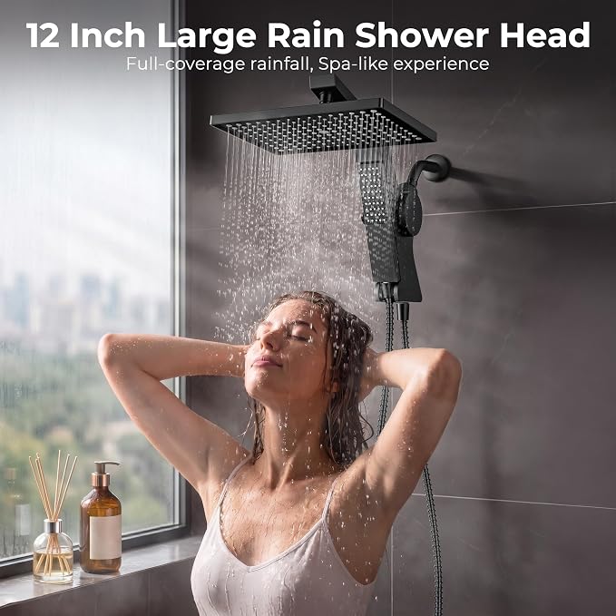 MakeFit Filtered Rain Shower Head with Handheld Combo High Pressure 12'' Rainfall Shower Heads & Hidden Detachable Wand Dual Showerhead Water Softener for Hard Water Easy Filter Replacement