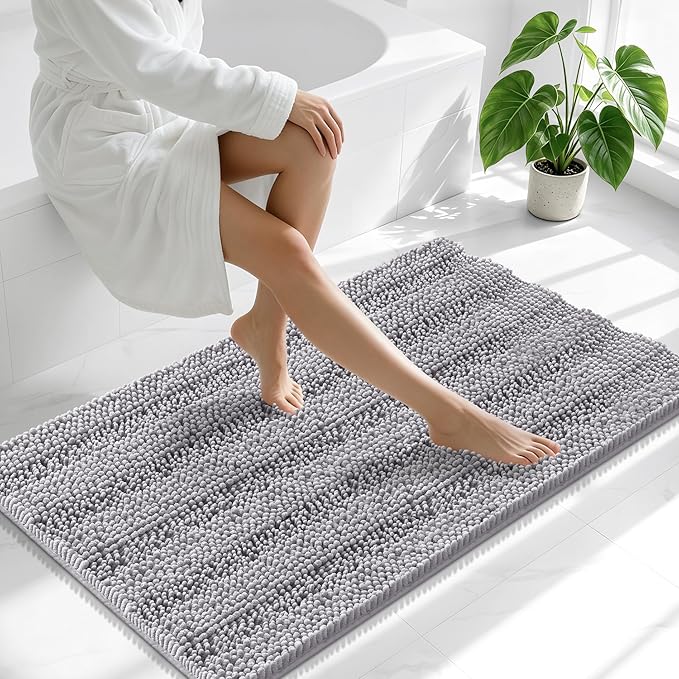 Smiry Thick Chenille Bathroom Runner Rugs 44x24, Absorbent Bath Mat, Grey | Quick‑Dry & Machine Washable, Non‑Slip Bath Carpet, Soft Striped Bath Rugs for Tub & Shower, Modern Home Decor Accessories