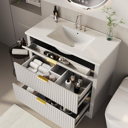 IDEALHOUSE 36" White Fluted Bathroom Vanity with Sink, Farmhouse Freestanding Bathroom Sink Cabinet with 2 Drawers & 1 Flip-Down Drawer, Easy Assembly & Cleaning