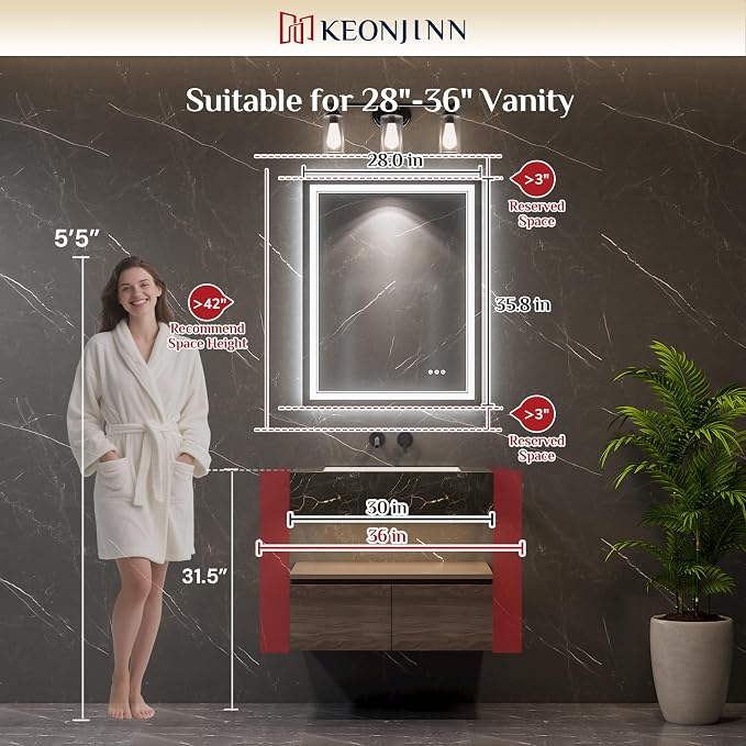 Keonjinn 28" x 36" LED Bathroom Mirror with Lights, Frontlit & Backlit | Bluetooth Speaker, Bluetooth Mirror Bathroom, Stepless Dimmable 3-Color Lights, Tempered Glass, Fast & Safe Defogging, CRI90+