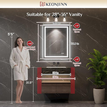 Keonjinn 28" x 36" LED Bathroom Mirror with Lights, Frontlit & Backlit | Bluetooth Speaker, Bluetooth Mirror Bathroom, Stepless Dimmable 3-Color Lights, Tempered Glass, Fast & Safe Defogging, CRI90+