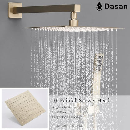 DASAN Tub Shower Faucets Sets Complete Brushed Gold Bathtub Shower System with Tub Spout, Bathtub Faucet Set Tub and Shower Faucet Combo Trim Kit with Rough-in Valve, DA-SS03BG-S10W