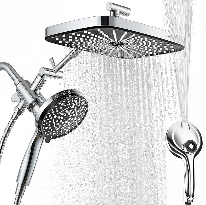 High Pressure Shower Head with Handheld, Upgrade Rain Shower Heads with Fixed Showerhead Combo, 10 Sprays Handheld Shower Head Built in Power Jets, 71" Long Hose, Chrome Silver