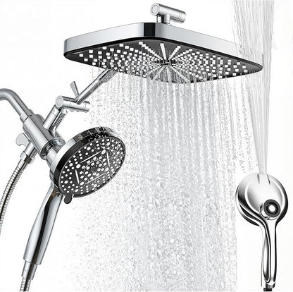 High Pressure Shower Head with Handheld, Upgrade Rain Shower Heads with Fixed Showerhead Combo, 10 Sprays Handheld Shower Head Built in Power Jets, 71" Long Hose, Chrome Silver
