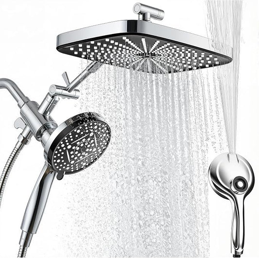 High Pressure Shower Head with Handheld, Upgrade Rain Shower Heads with Fixed Showerhead Combo, 10 Sprays Handheld Shower Head Built in Power Jets, 71" Long Hose, Chrome Silver