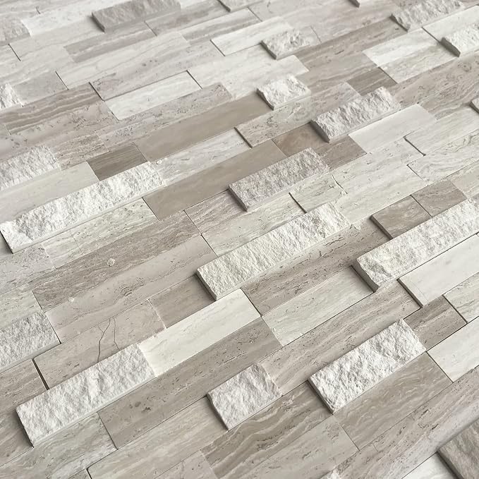 SUNWINGS 5-Sheet Peel and Stick Mosaic Natural 3D Stone Self Adhesive Marble Tiles, 11.5" x 10.7" Stick on Backsplash for Kitchen Bathroom Fireplace Vanity, Mixed Tan