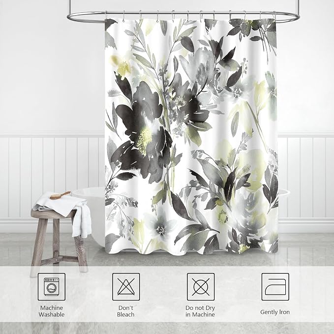 MAYZUS Grey Black Watercolor Floral Shower Curtains for Bathroom, 72x72 | Modern Abstract Flower Decorative Fabric Shower Curtain Set with Hooks, Grey Yellow