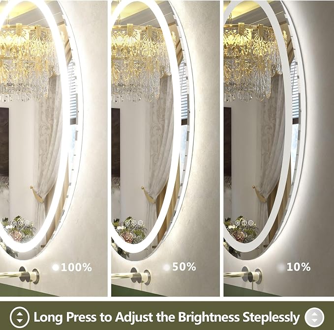 OKPAL Oval LED Mirror for Bathroom 40x30, Bathroom Mirror with Lights, Oval Lighted Bathroom Mirror, Anti-Fog, Shatter-Proof, Dimmable, Memory, 3 Colors (Front Lights + Backlit)