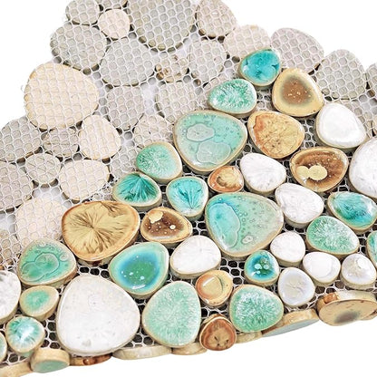 Turquoise Ceramic Pebble Mosaic Tile Sheet Shower Floor Backsplash 5 Sq Ft | Crystal Glazed Porcelain, River Stone Look, Water Resistant for Bathroom Decor, Fireplace Surround and Accent Walls
