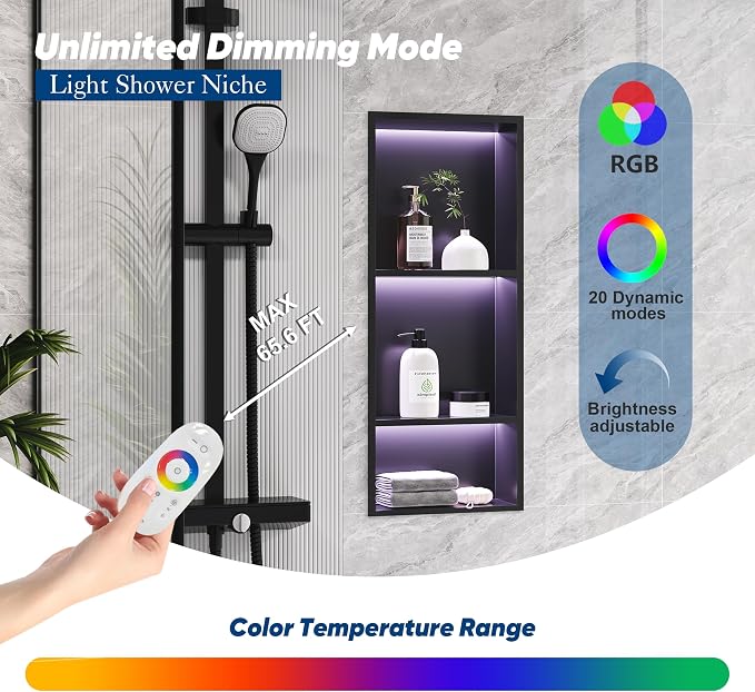 3-Tiers 12x30Inch Wall Niche with RGB LED Lights, Matte Black Recessed Shower Niche Cabinet, Stainless Steel Bathroom Shelf, NO Tile Needed Storage Organizer for Shower wall