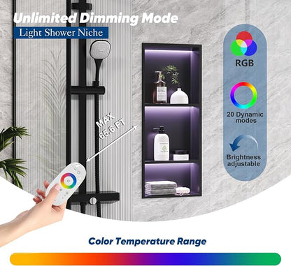 3-Tiers 12x30Inch Wall Niche with RGB LED Lights, Matte Black Recessed Shower Niche Cabinet, Stainless Steel Bathroom Shelf, NO Tile Needed Storage Organizer for Shower wall