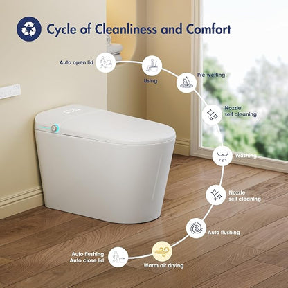 One Piece Smart Bidet Toilet, Auto Lid, Wash & Dry, White | Foot Sensor Flush, Heated Seat, Instant Warm Water, Adjustable Wash Settings, Self Cleaning Wand, Auto Flush, Pre Wet