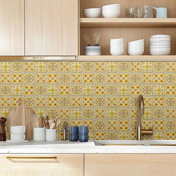 36pcs 4 Styles Yellow Floral Patterns Wall Tile Stickers, 4x4inch | Vintage Flowers Designs Waterproof PVC Tile Decals for Kitchen Bathroom