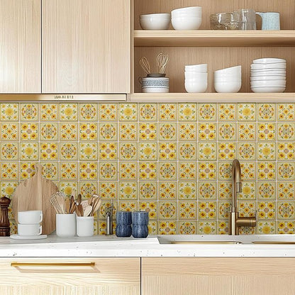 36pcs 4 Styles Yellow Floral Patterns Wall Tile Stickers, 4x4inch | Vintage Flowers Designs Waterproof PVC Tile Decals for Kitchen Bathroom