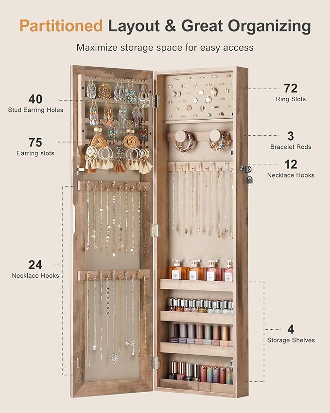 Nicetree Mirror Jewelry Cabinet, Full Length Mirror, Wall Mounted, Oak | Lockable Jewelry Armoire Organizer, Hanging Mirror with Jewelry Storage, Velvet Interior, Gift Idea,Easy Assembly