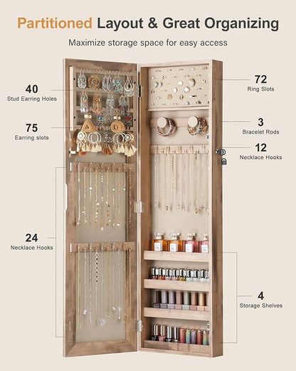 Nicetree Mirror Jewelry Cabinet, Full Length Mirror, Wall Mounted, Oak | Lockable Jewelry Armoire Organizer, Hanging Mirror with Jewelry Storage, Velvet Interior, Gift Idea,Easy Assembly