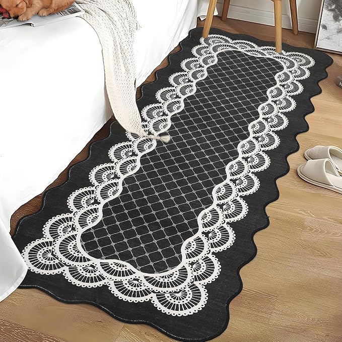 GarveeHome Hallway Black Rug 2x6 Washable Scalloped Runner Rugs for Kitchen Bathroom Non-Slip Modern Bordered Bedside Rug, Non-Shedding Scalloped Carpet Runners for Laundry Room, Entryway, Black