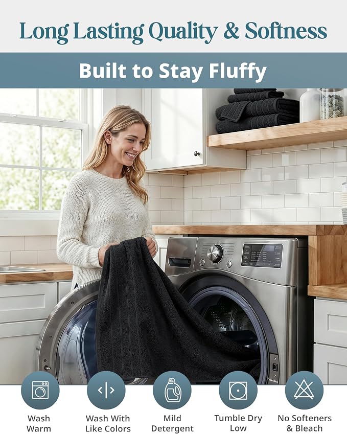 Casa Platino Towel Set Soft Absorbent Quick Dry 100% Cotton - Black | Towels And Washcloths Sets - Lightweight & Breathable, Fade-Resistant Color, Classic Terry Weave, Densely Woven