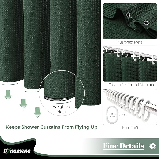 Stall Waffle Shower Curtain 256 GSM Heavy Fabric 54x72 Dark Green | 54 Inch Wide, Thick Cloth, Weighted Hem, Water Repellent, Hotel Luxury Polyester Shower Curtain Set for Bathroom 10 Hooks