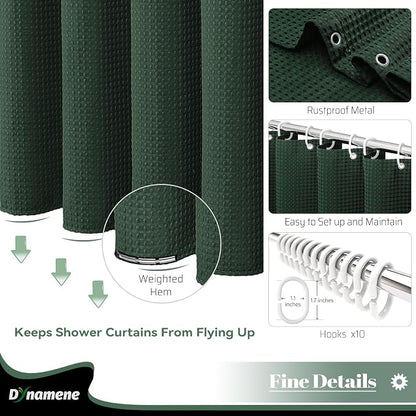 Stall Waffle Shower Curtain 256 GSM Heavy Fabric 54x72 Dark Green | 54 Inch Wide, Thick Cloth, Weighted Hem, Water Repellent, Hotel Luxury Polyester Shower Curtain Set for Bathroom 10 Hooks