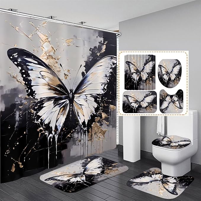 Chrainy 4pcs White Butterfly Shower Cutain Set Bathroom Decor with Rugs | Bath Accessories with Waterproof Curtain, Bath Mat, Toilet Lid Cover, U-Shaped Rug and 12 Hooks for Washroom, 71*71in