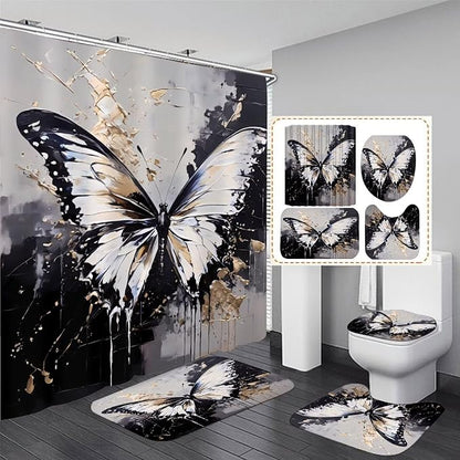 Chrainy 4pcs White Butterfly Shower Cutain Set Bathroom Decor with Rugs | Bath Accessories with Waterproof Curtain, Bath Mat, Toilet Lid Cover, U-Shaped Rug and 12 Hooks for Washroom, 71*71in