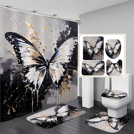 Chrainy 4pcs White Butterfly Shower Cutain Set Bathroom Decor with Rugs | Bath Accessories with Waterproof Curtain, Bath Mat, Toilet Lid Cover, U-Shaped Rug and 12 Hooks for Washroom, 71*71in